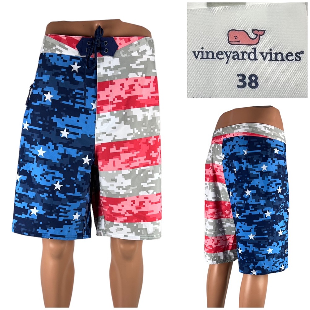Vineyard Vines Mens 38 X 9” Boardshort Blue USA Flag Stars Bars Performance EUC
